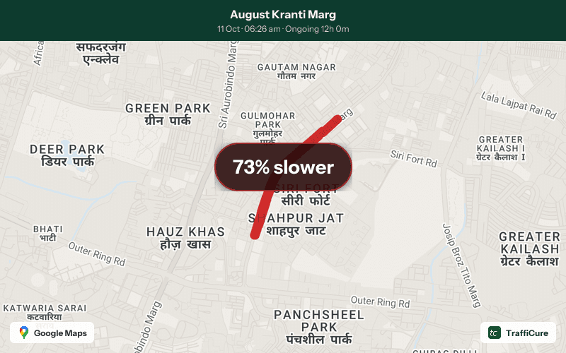 Rapid slowdown on August Kranti Marg 73% slower than usual 2 stretches affected along 2.8 km Current speed: 2 km/h Ongoing for 12h 0m and counting