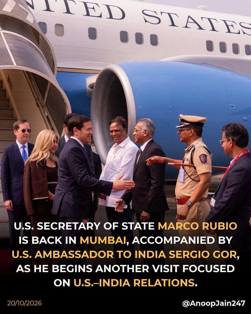 📸 U.S. Secretary of State Marco Rubio is back in Mumbai, accompanied by U.S. Ambassador to India Sergio Gor, as he begins another visit focused on U.S.–India relations.