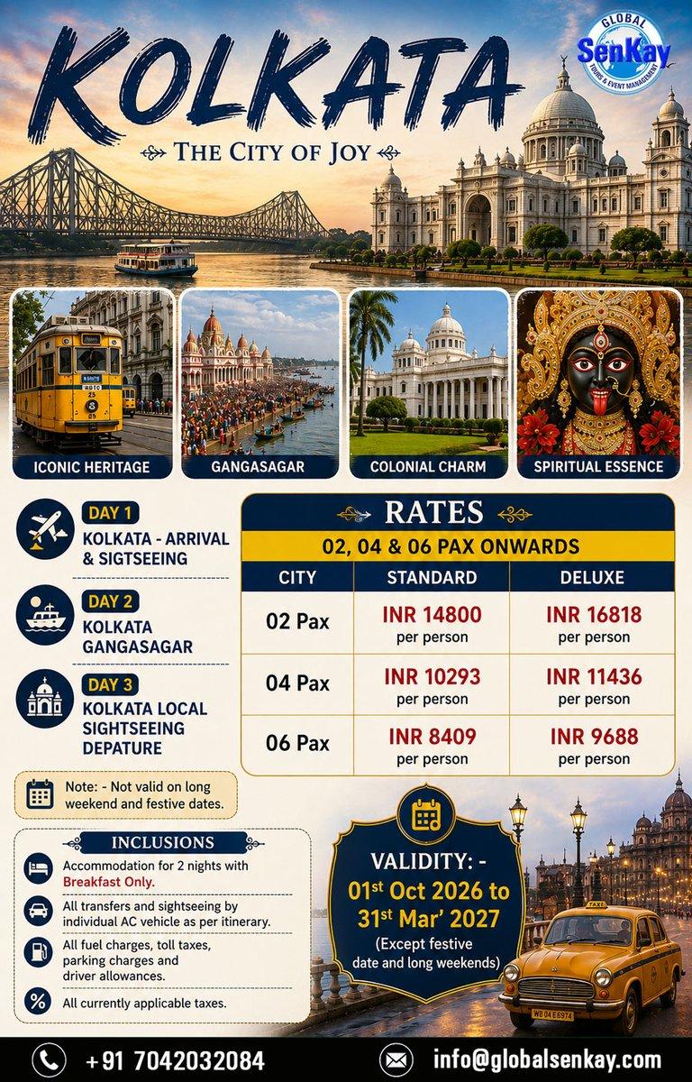 Kolkata 2 Nights / 3 Days Starting from INR 8409 Per Person Contact us for travel bookings: Call : 7042032084 Email : info@globalsenkay.com Web: https://www.globalsenkay.com