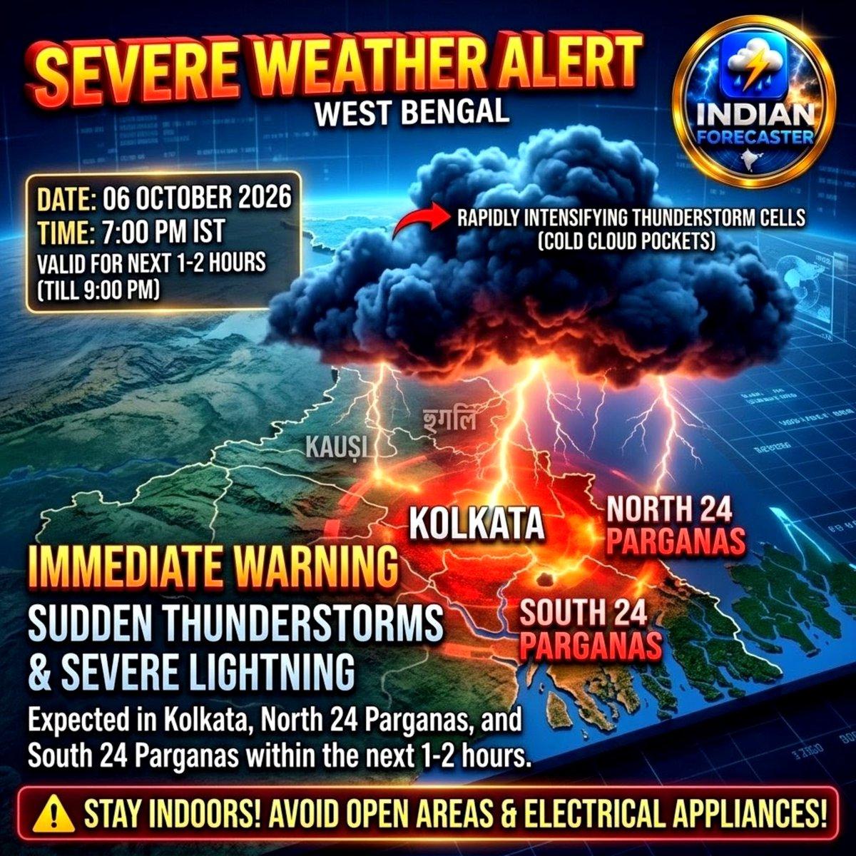 ๐จ URGENT WEATHER ALERT โกโ๏ธ Kolkata, North & South 24 Parganas: Severe thunderstorms, frequent lightning, heavy rain & gusty winds may develop in the next 1โ2 hours. Stay indoors & avoid trees/open are