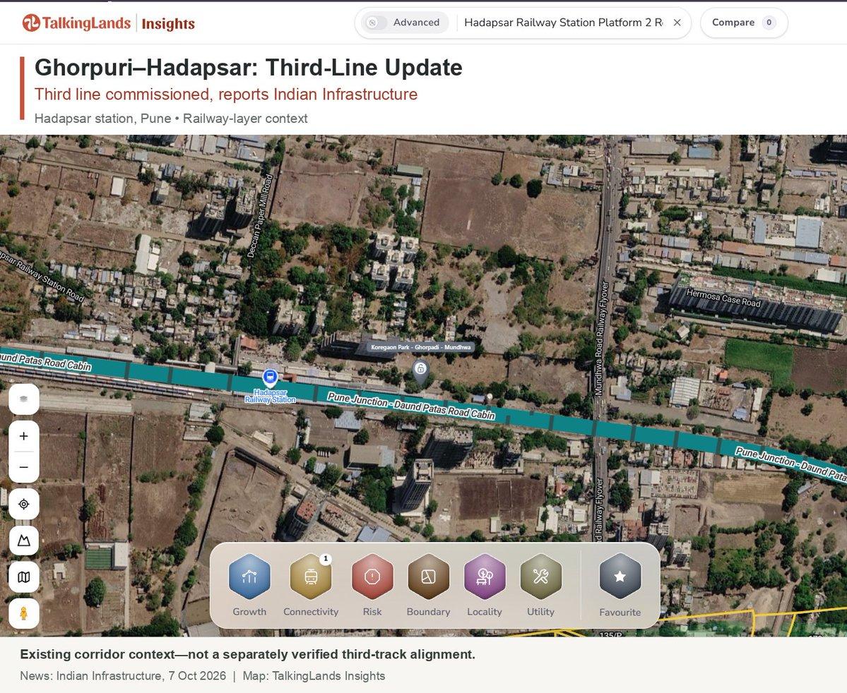 🚆 Pune rail update: Ghorpuri–Hadapsar’s third line is commissioned, adding capacity to the Pune–Daund section, reports Indian Infrastructure. 📍 Hadapsar shown in TalkingLands Insights. https://bit.ly/
