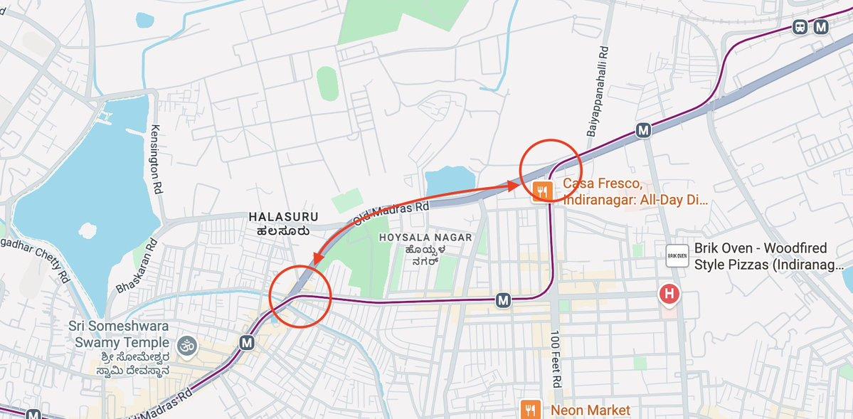 Why couldn’t Namma Metro just take the straight path along Old Madras Road between SV Road and Halasuru? The current route takes a detour through Indiranagar, adding two sharp curves that slow down tr