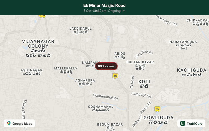 Congestion alert: Ek Minar Masjid Road 69% slower than usual 1 stretch affected along 0.6 km Current speed: 3 km/h Ongoing for 1 min and counting
