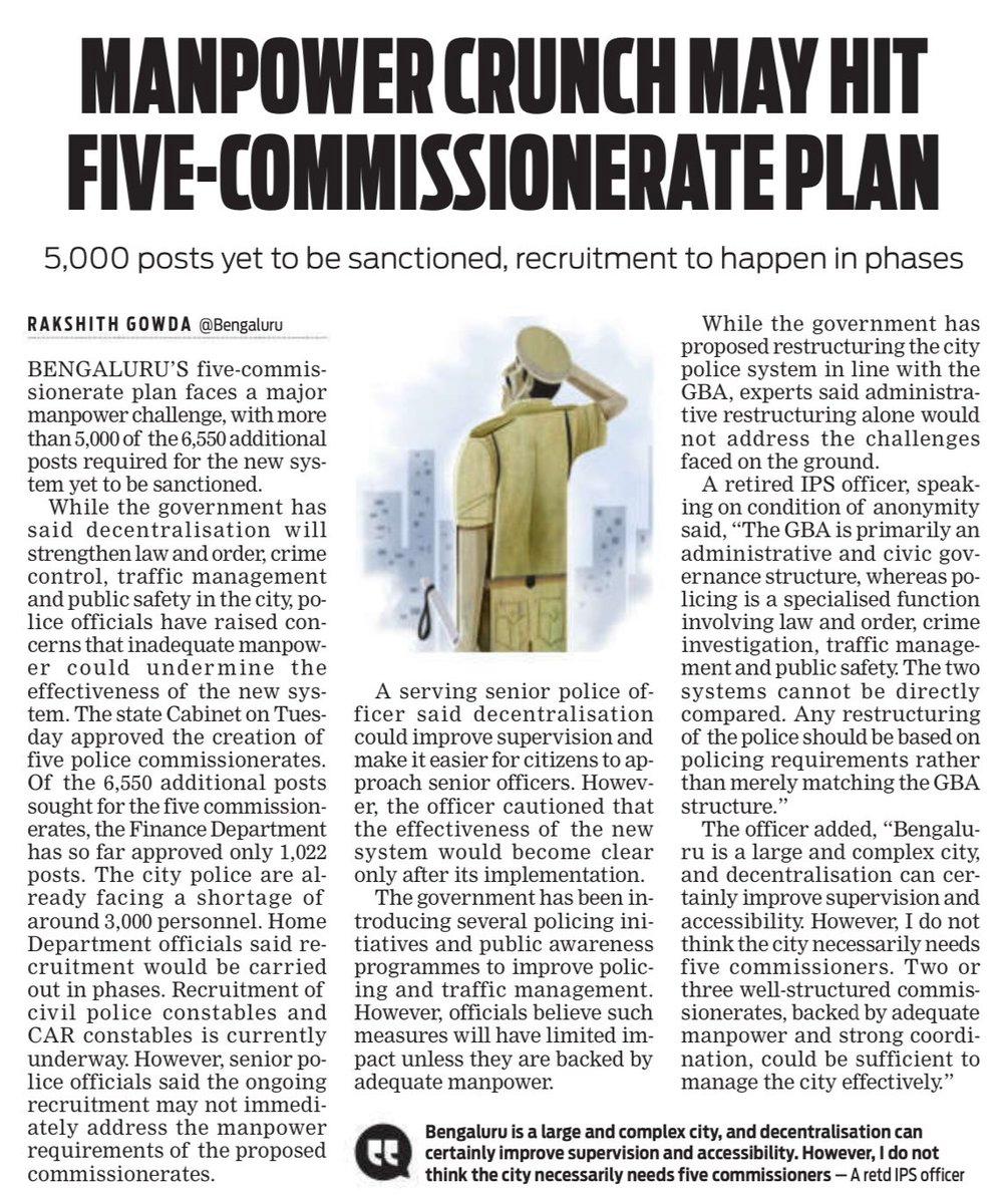 RT by @NammaBengaluroo: ’s 5 commissionerate plan faces a manpower crunch. Of the 6.5k additional posts required, over 5k are yet to be sanctioned. While the govt.says decentralisation will