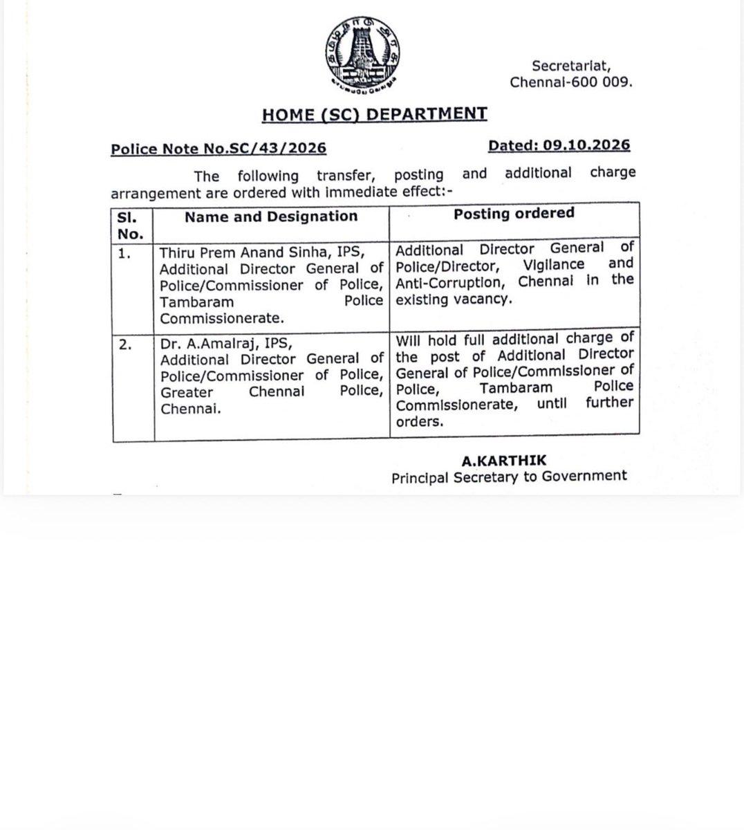 RT by @prashantgudlu23: ADGP Prem Anand Sinha IPS posted as Director, Directorate of Vigilance and Anti-Corruption Police Commissioner A. Amalraj IPS will hold full additional charge as