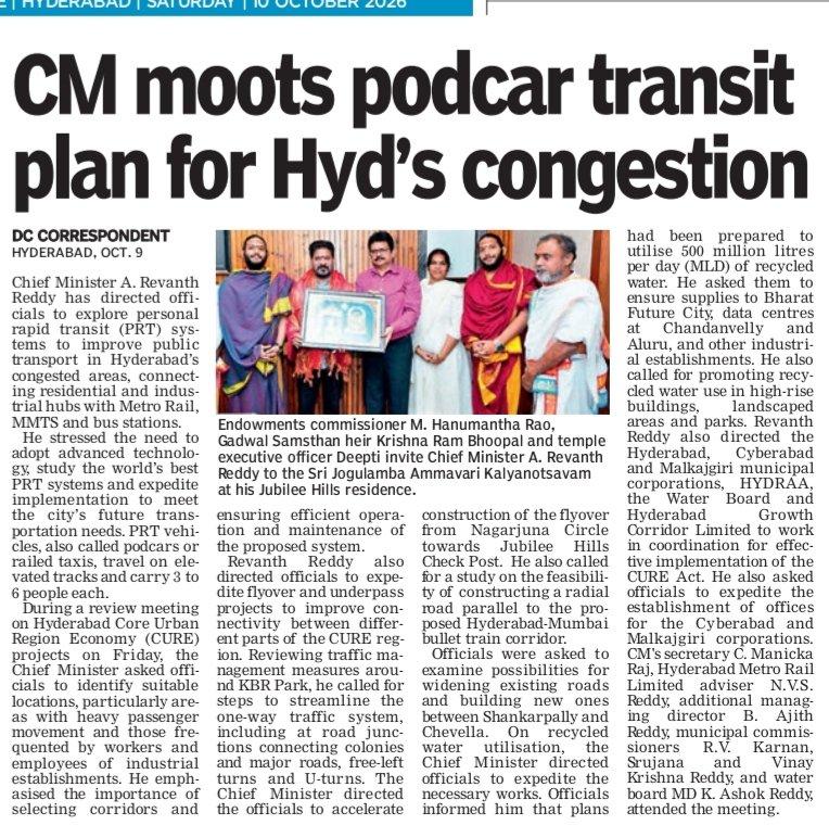 🌟RevanthAnna explores podcars to ease Hyderabad traffic 🔹PRT links planned with Metro, MMTS & bus stations 🔹CM orders faster flyover & underpass works 🔹500 MLD recycled water planned for industries &